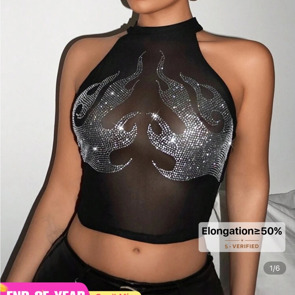 Black Sheer Halter Top with Silver Flame Design